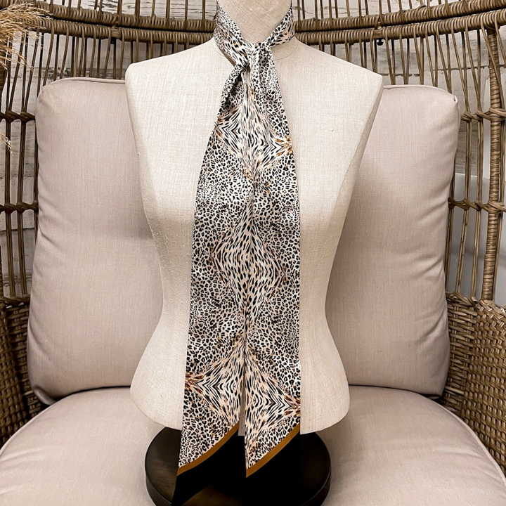 Wyoming Traders | Leopard Print Charmeuse Silk Twilly Scarf in Tan