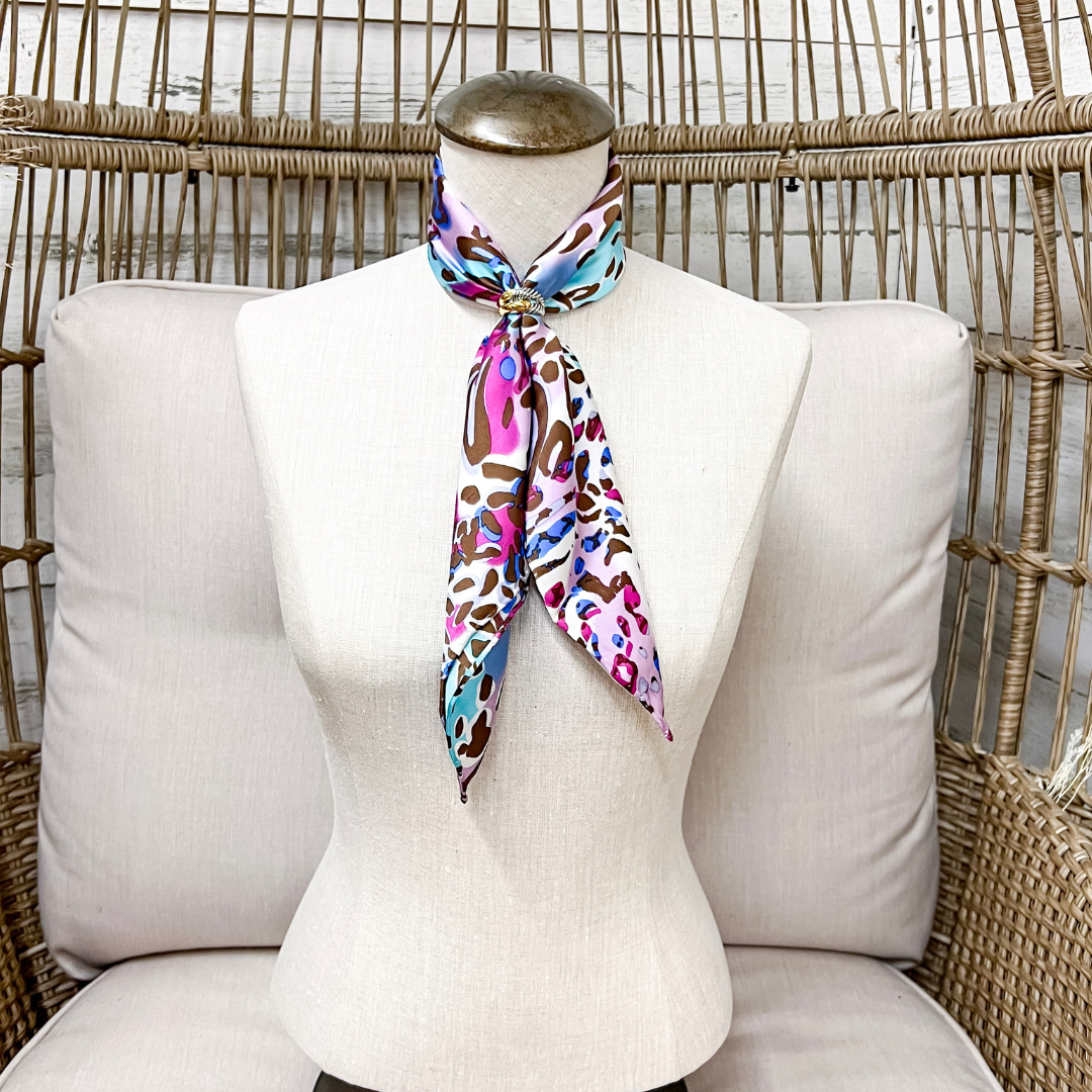 Wyoming Traders | Mini Bamboozled Animal Print Charmeuse Silk Wild Rag Scarf in Pink and Blue