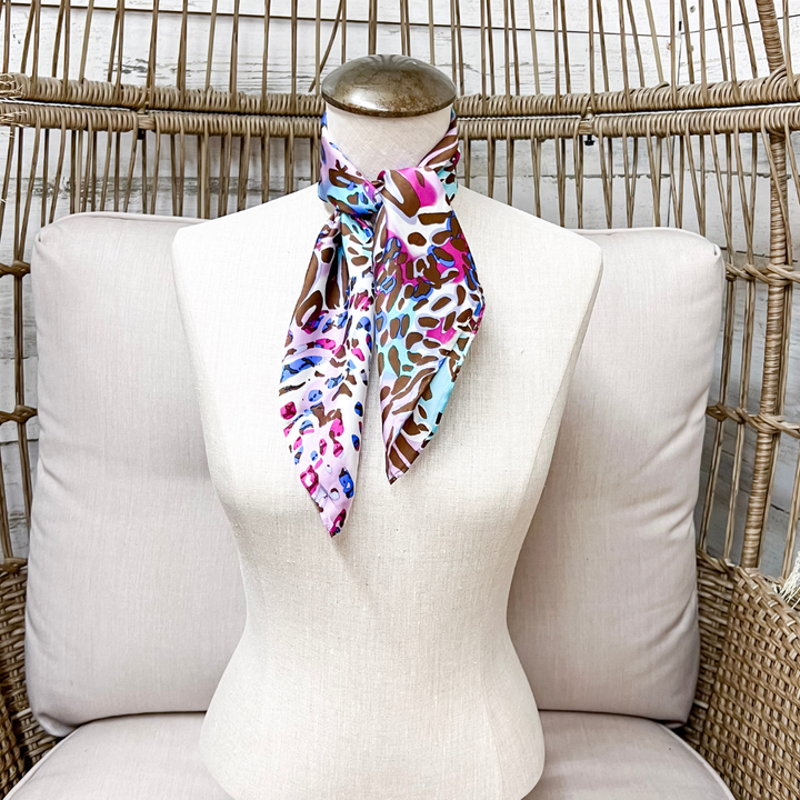 Wyoming Traders | Mini Bamboozled Animal Print Charmeuse Silk Wild Rag Scarf in Pink and Blue