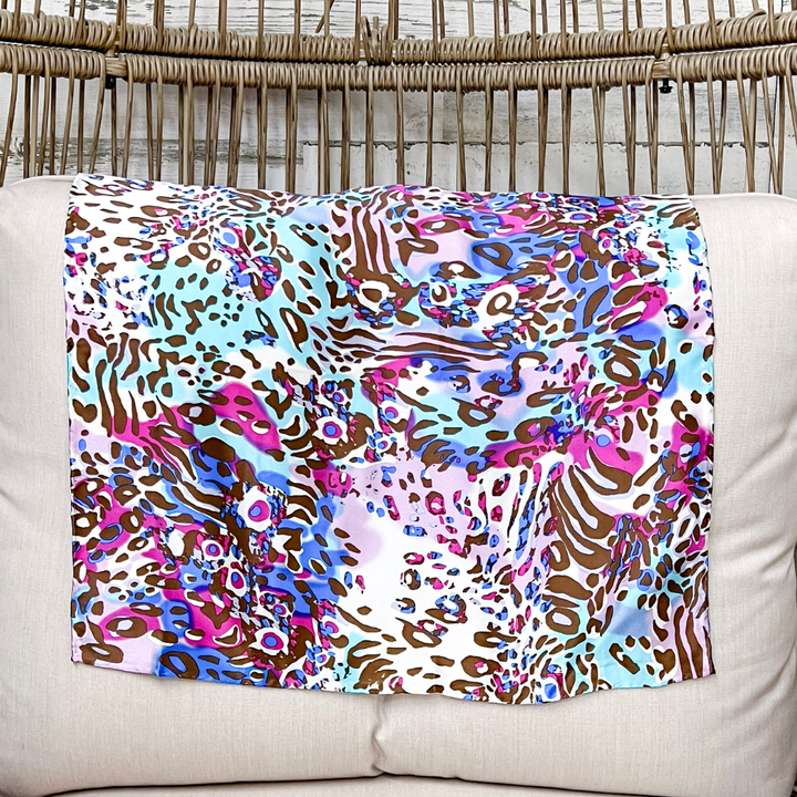 Wyoming Traders | Mini Bamboozled Animal Print Charmeuse Silk Wild Rag Scarf in Pink and Blue