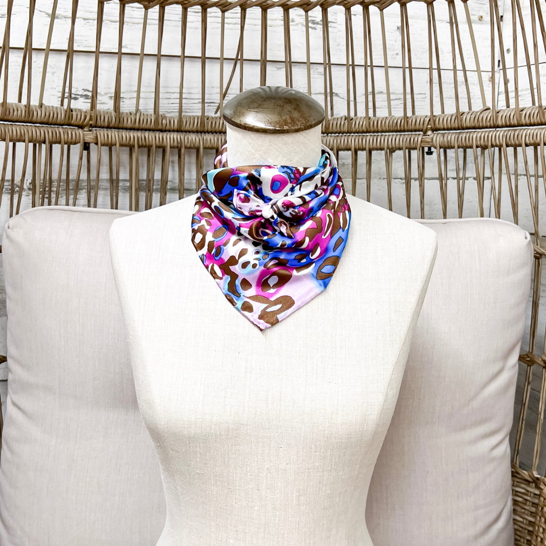 Wyoming Traders | Mini Bamboozled Animal Print Charmeuse Silk Wild Rag Scarf in Pink and Blue