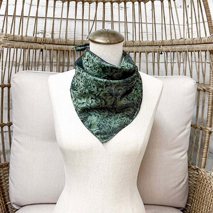 Wyoming Traders | Mini Baroque Print Silk Wild Rag Scarf in Fern Green