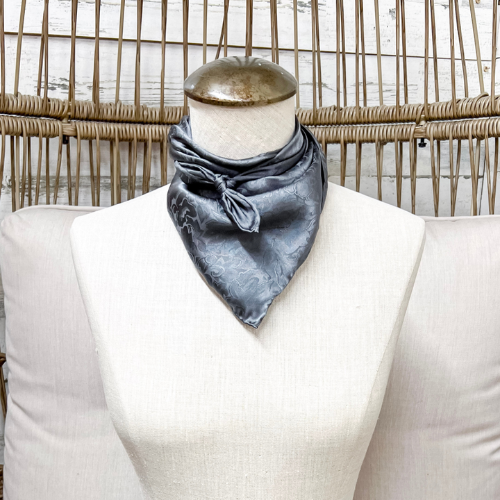 Wyoming Traders | Mini Jacquard Print Silk Wild Rag Scarf in Charcoal Grey