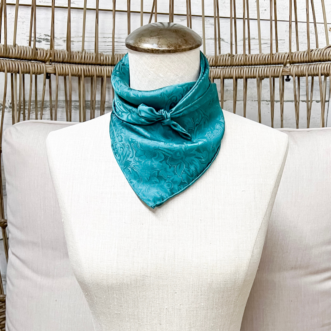 Wyoming Traders | Mini Jacquard Silk Print Silk Wild Rag Scarf in Teal Blue
