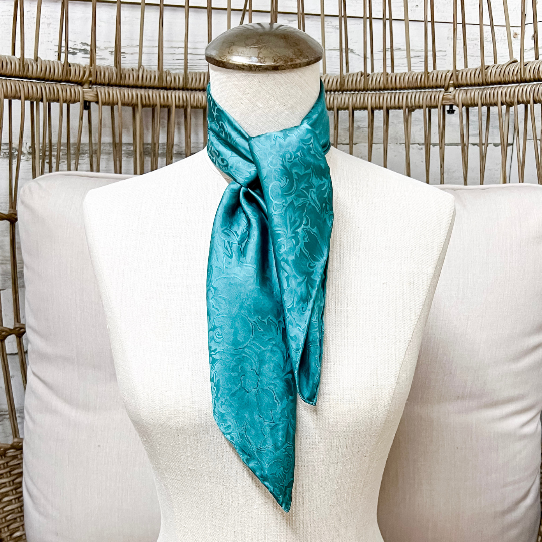 Wyoming Traders | Mini Jacquard Silk Print Silk Wild Rag Scarf in Teal Blue