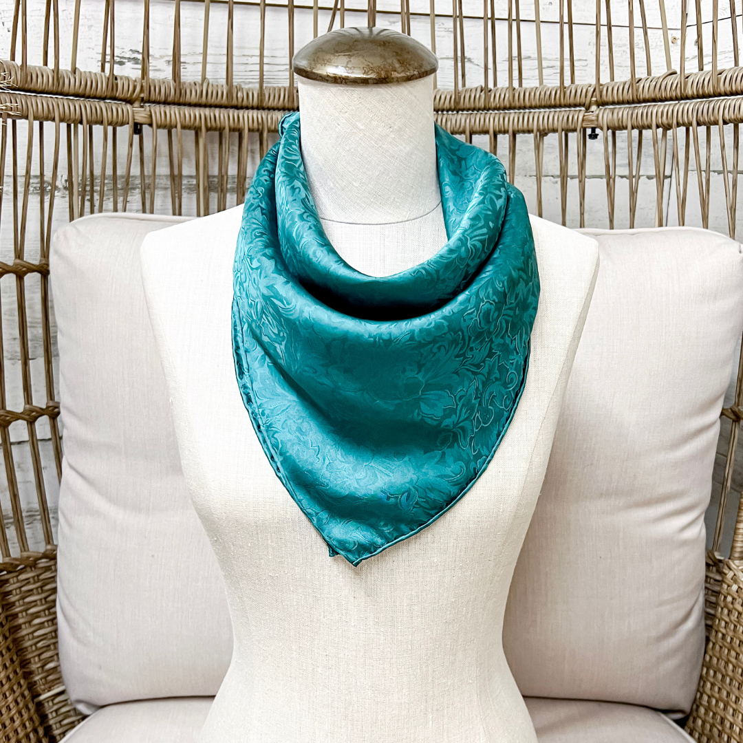 Wyoming Traders | Mini Jacquard Silk Print Silk Wild Rag Scarf in Teal Blue