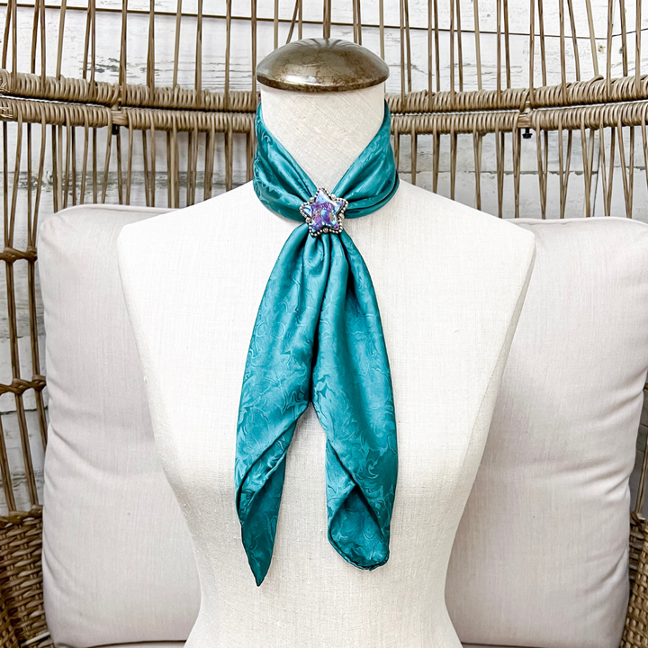 Wyoming Traders | Mini Jacquard Silk Print Silk Wild Rag Scarf in Teal Blue