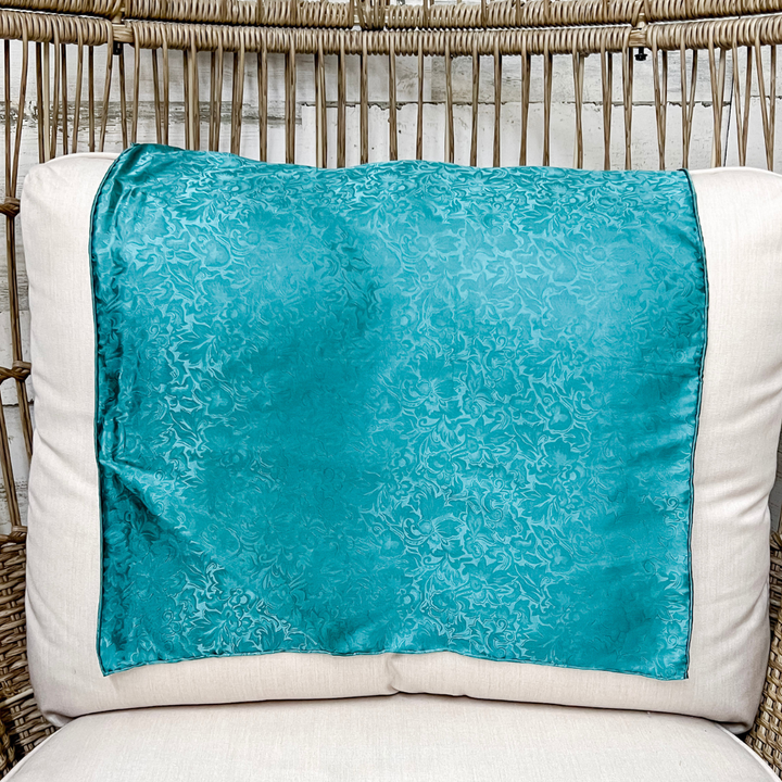 Wyoming Traders | Mini Jacquard Silk Print Silk Wild Rag Scarf in Teal Blue