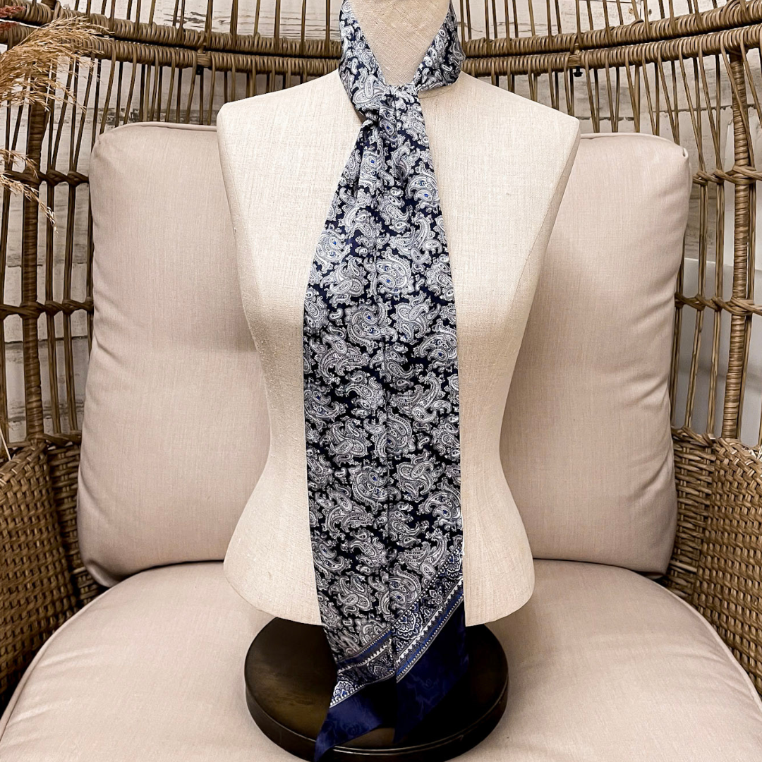 Wyoming Traders | Paisley Print Silk Twilly Scarf in Silver, Cobalt Blue and Navy Blue