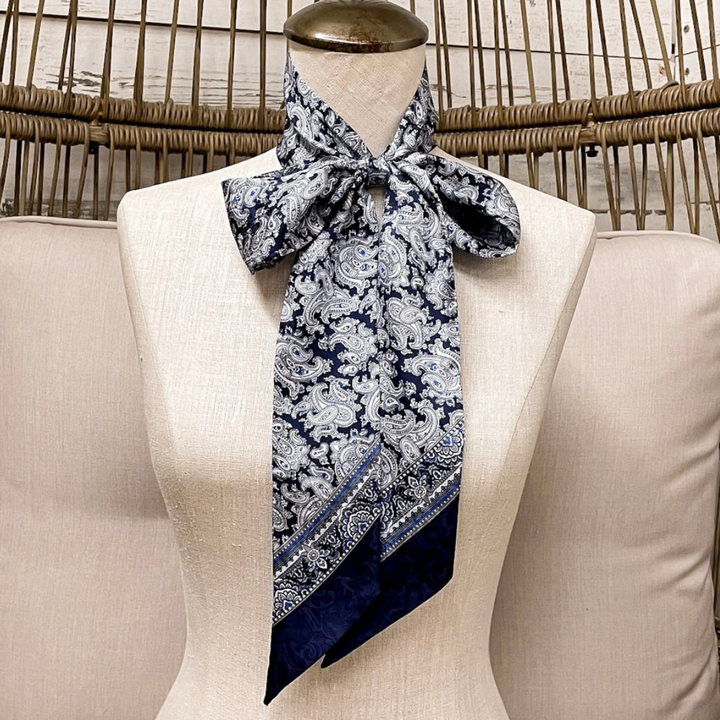 Wyoming Traders | Paisley Print Silk Twilly Scarf in Silver, Cobalt Blue and Navy Blue