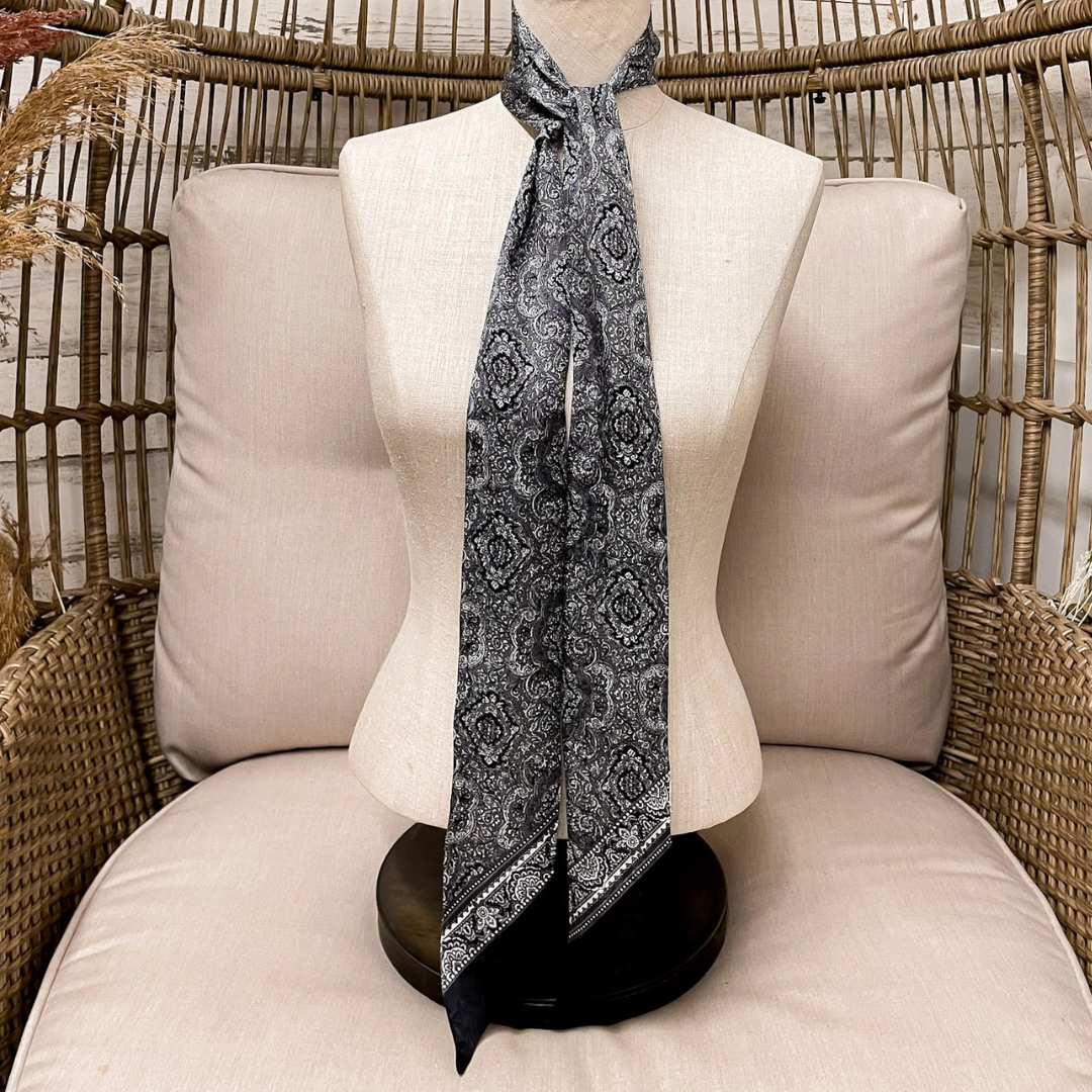 Wyoming Traders | Paisley Print Silk Twilly Scarf in Silver and Black