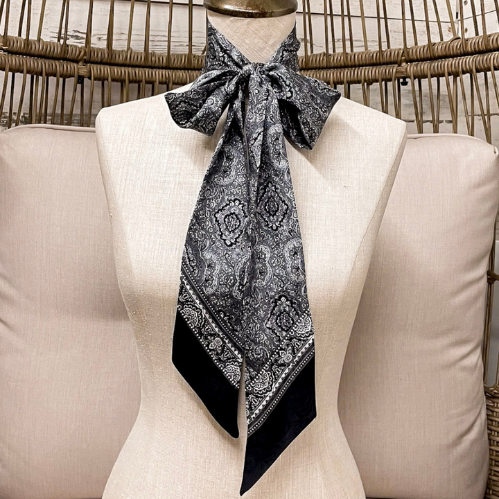 Wyoming Traders | Paisley Print Silk Twilly Scarf in Silver and Black