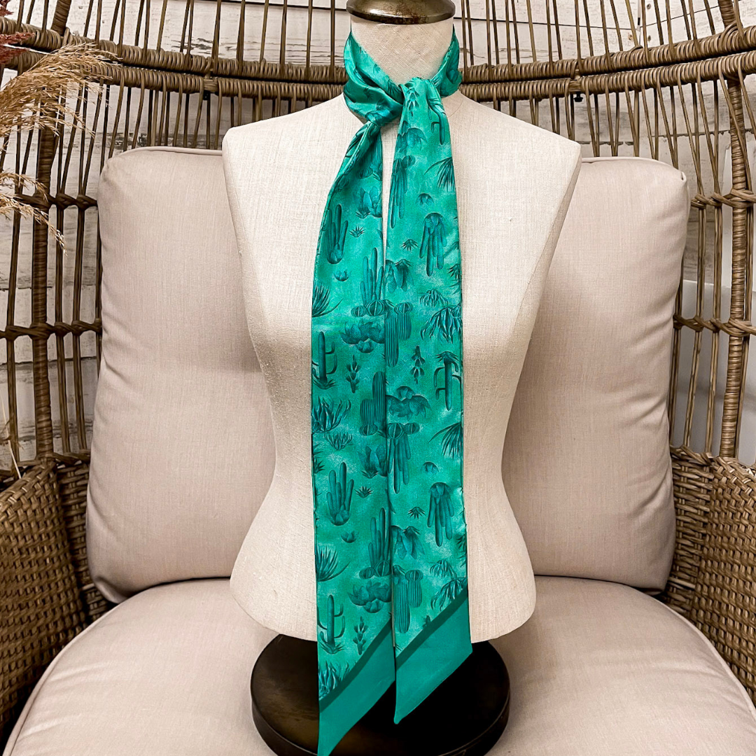 Wyoming Traders | Southwest Cactus Print Silk Twilly Scarf in Teal Blue