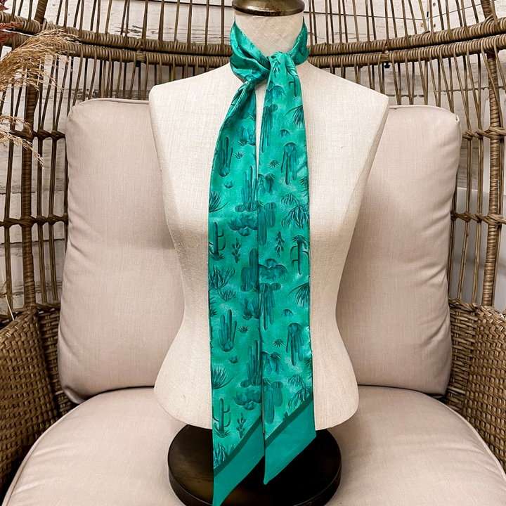 Wyoming Traders | Southwest Cactus Print Silk Twilly Scarf in Teal Blue