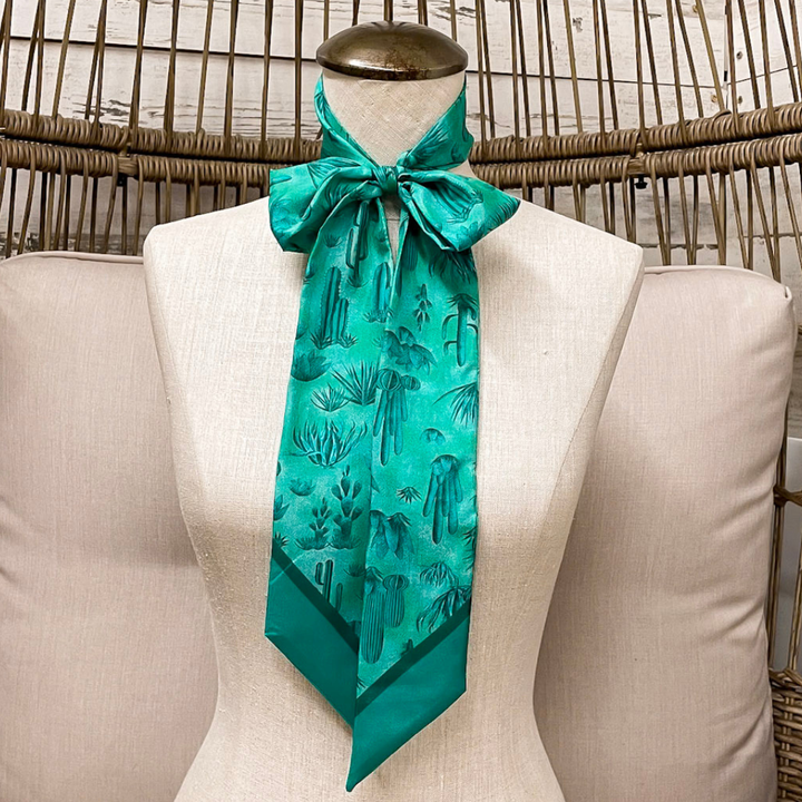 Wyoming Traders | Southwest Cactus Print Silk Twilly Scarf in Teal Blue