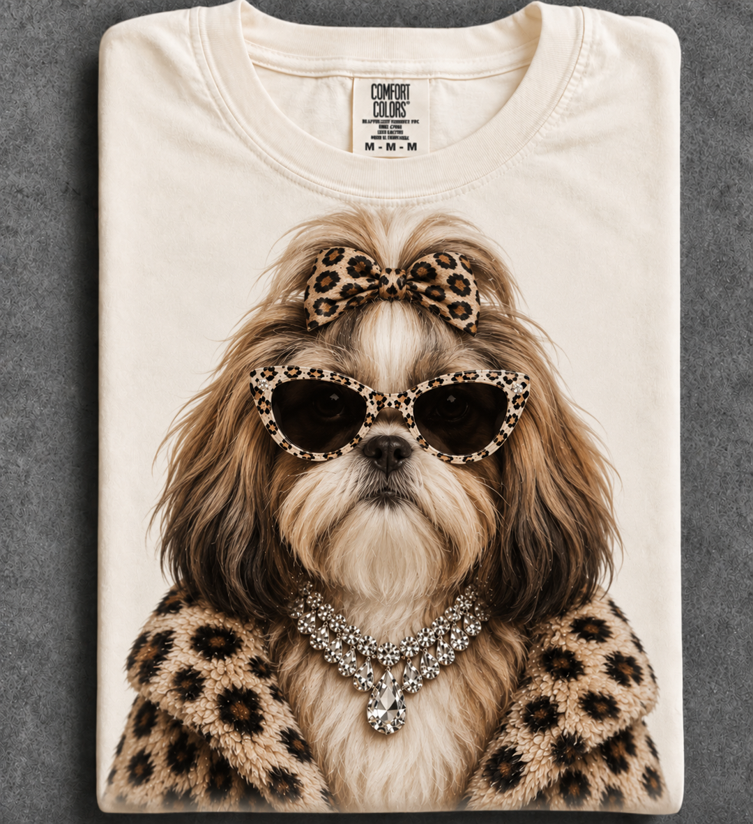 Custom Made to Order | Fur Coat Energy Shih Tzu Faux Jewelry Printed Graphic Design Tee or Sweatshirt in Multiple Printing Options on Ivory