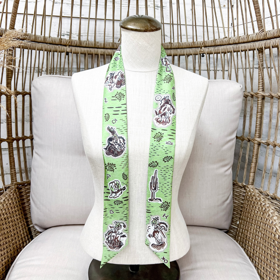 XOXO Art &amp; Co | 1940s Cowboys Print Twilly Scarf in Green