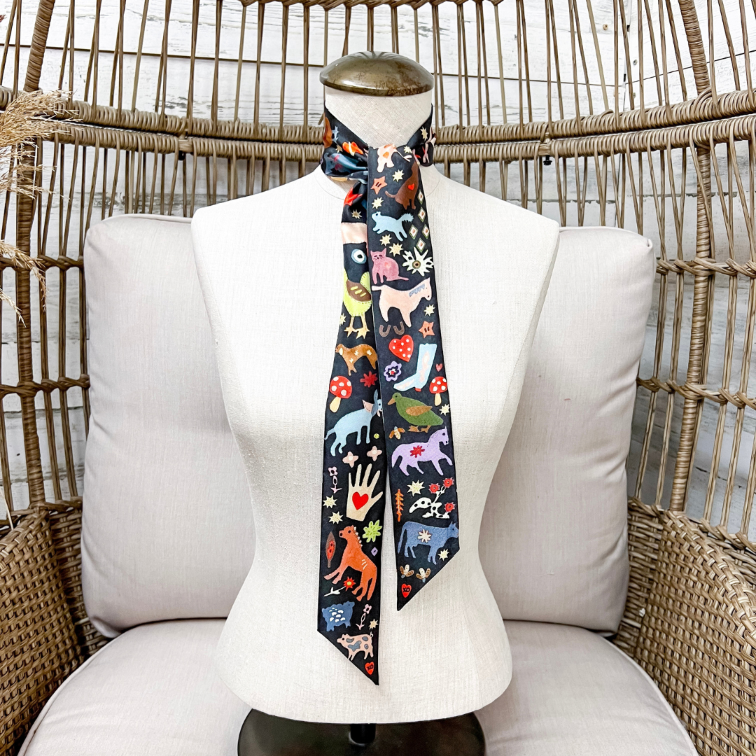 XOXO Art &amp; Co | Farm Folks Print Twilly Scarf in Black and Multicolor