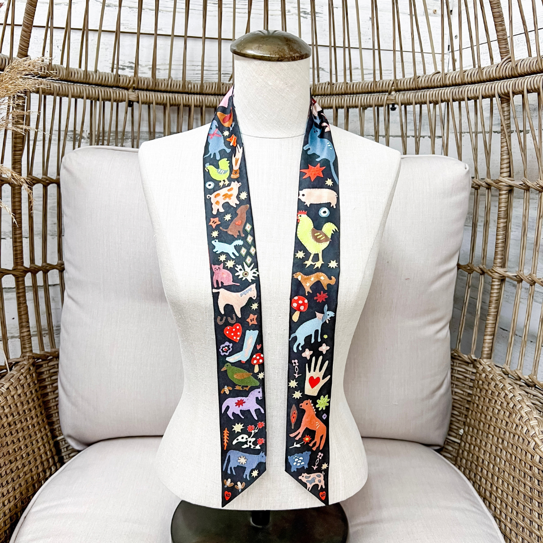 XOXO Art &amp; Co | Farm Folks Print Twilly Scarf in Black and Multicolor