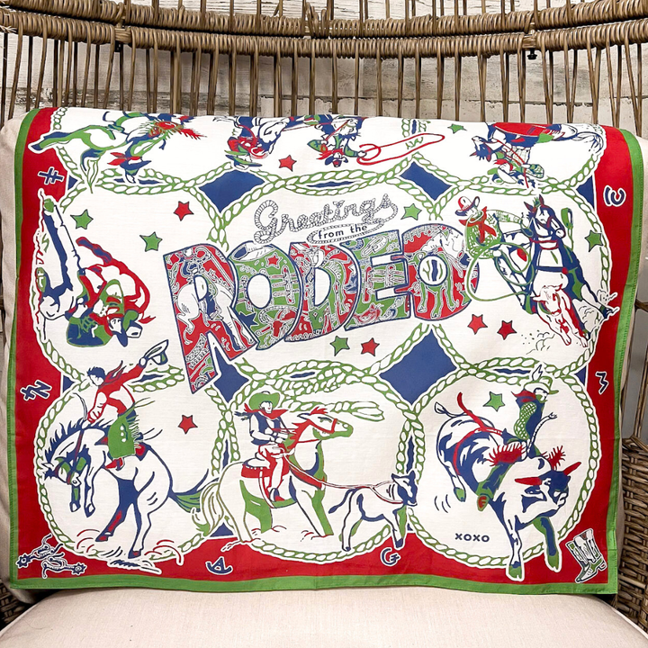 XOXO Art & Co | Greetings from the Rodeo Print Shorty Wild Rag Scarf in Ivory, Green, Red and Blue