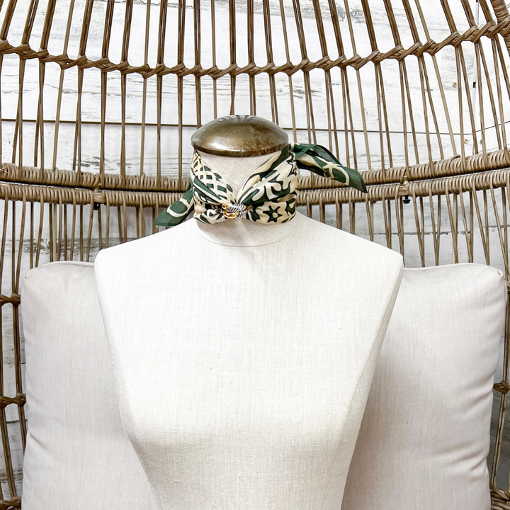 XOXO Art &amp; Co | Papercut Print Shorty Wild Rag Scarf in Olive Green and Ivory