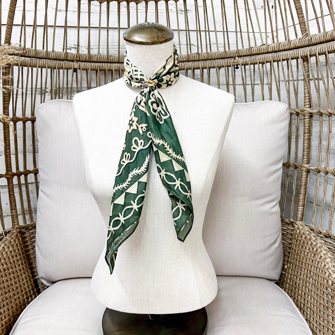 XOXO Art &amp; Co | Papercut Print Shorty Wild Rag Scarf in Olive Green and Ivory