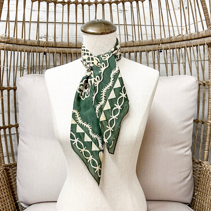 XOXO Art &amp; Co | Papercut Print Shorty Wild Rag Scarf in Olive Green and Ivory