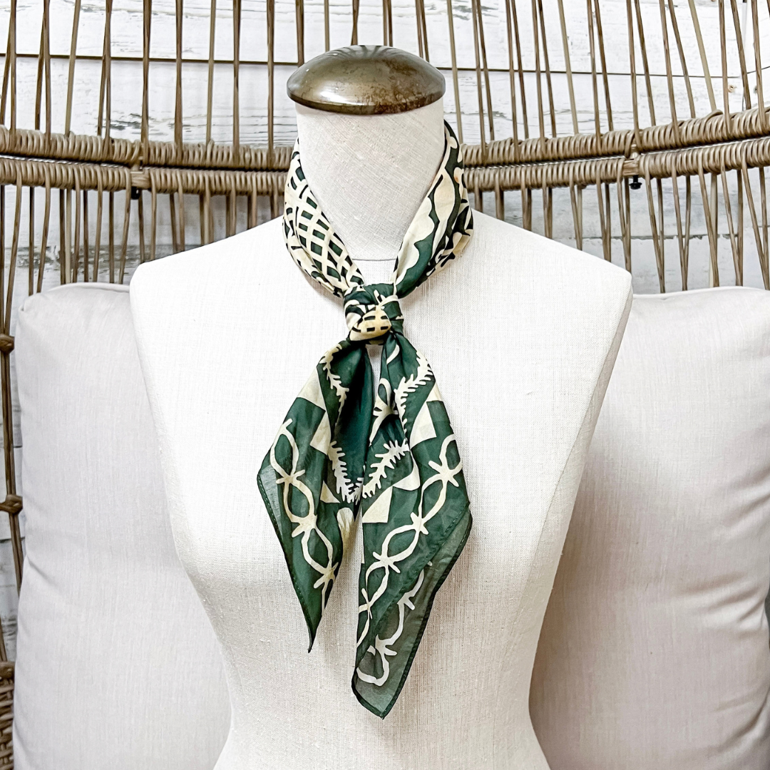XOXO Art &amp; Co | Papercut Print Shorty Wild Rag Scarf in Olive Green and Ivory