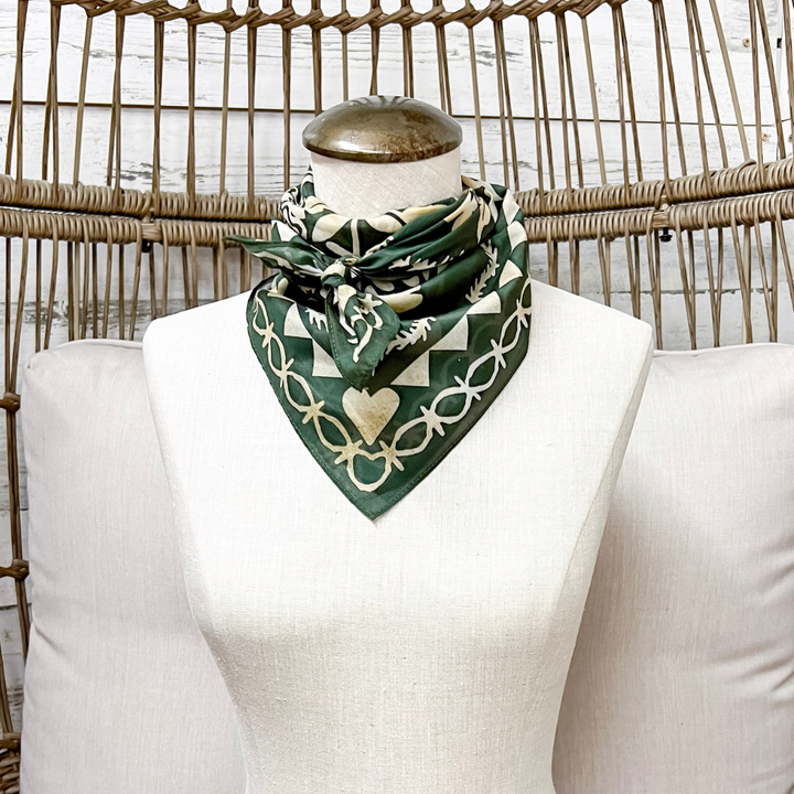 XOXO Art &amp; Co | Papercut Print Shorty Wild Rag Scarf in Olive Green and Ivory