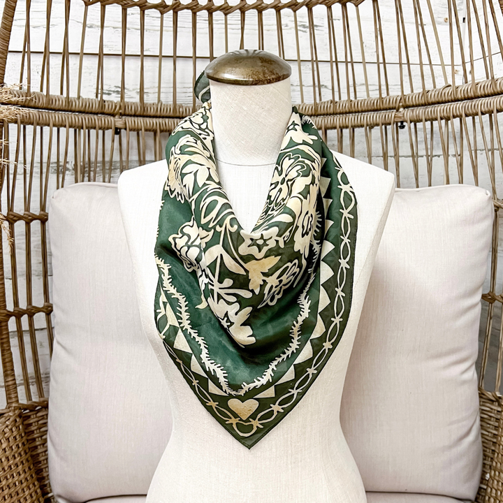XOXO Art &amp; Co | Papercut Print Shorty Wild Rag Scarf in Olive Green and Ivory