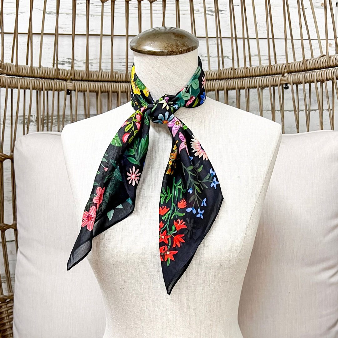XOXO Art &amp; Co | Pressed Flowers Print Shorty Wild Rag Scarf in Black Multicolor