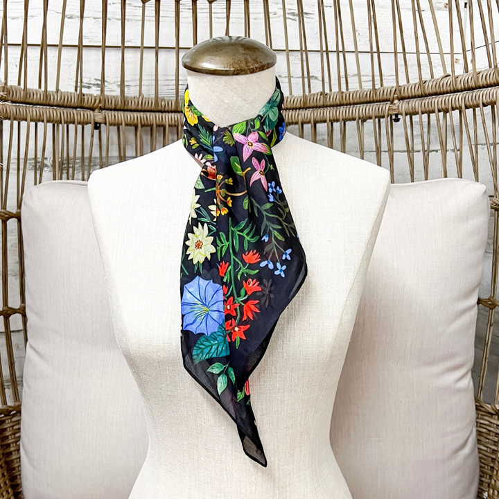 XOXO Art &amp; Co | Pressed Flowers Print Shorty Wild Rag Scarf in Black Multicolor