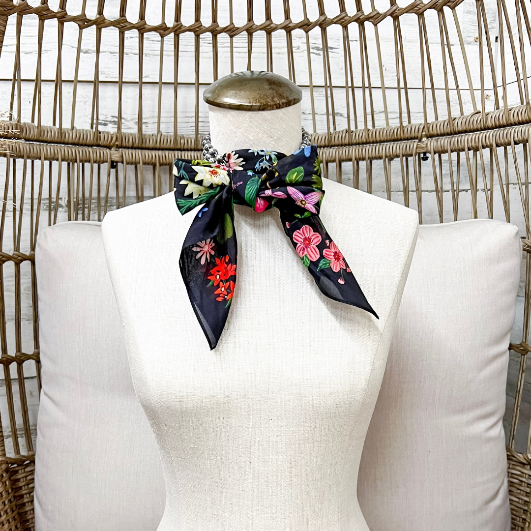 XOXO Art &amp; Co | Pressed Flowers Print Shorty Wild Rag Scarf in Black Multicolor