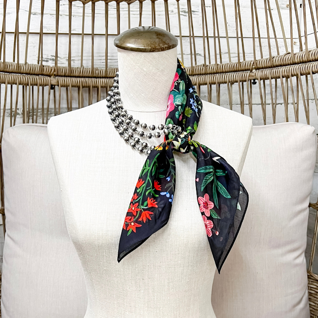 XOXO Art &amp; Co | Pressed Flowers Print Shorty Wild Rag Scarf in Black Multicolor