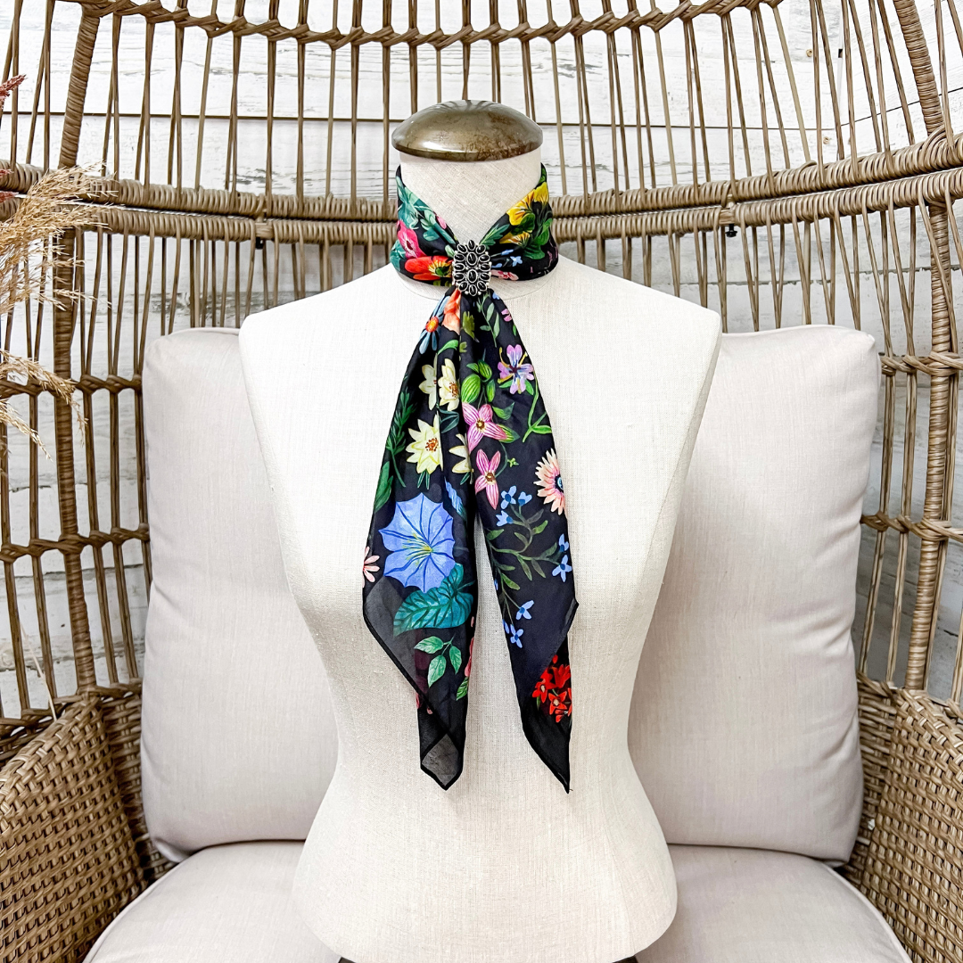 XOXO Art &amp; Co | Pressed Flowers Print Shorty Wild Rag Scarf in Black Multicolor