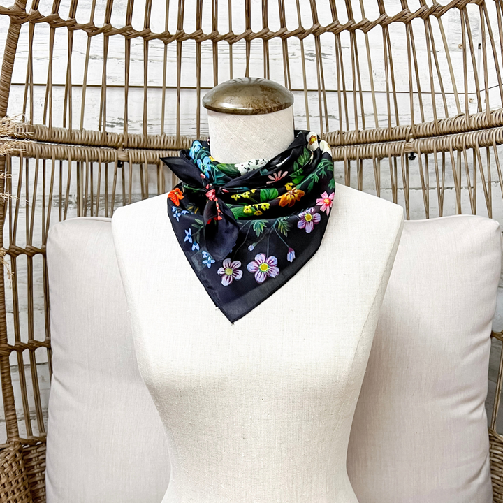 XOXO Art &amp; Co | Pressed Flowers Print Shorty Wild Rag Scarf in Black Multicolor