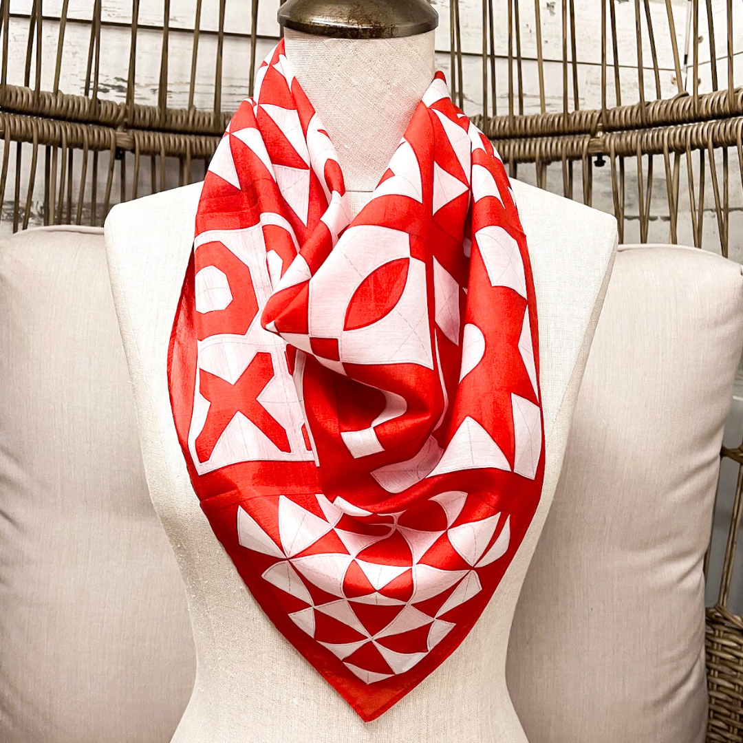XOXO Art & Co | Red & White Quilted Print Shorty Wild Rag Scarf in Red and White