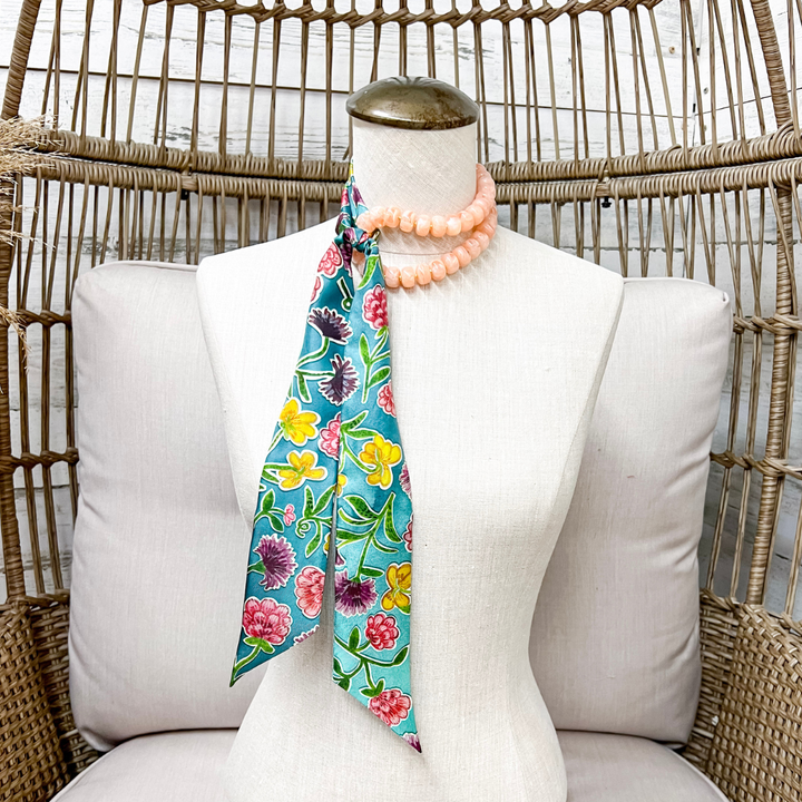 XOXO Art &amp; Co | Teal Tapestry Floral Print Reversible Twilly Scarf in Teal Blue