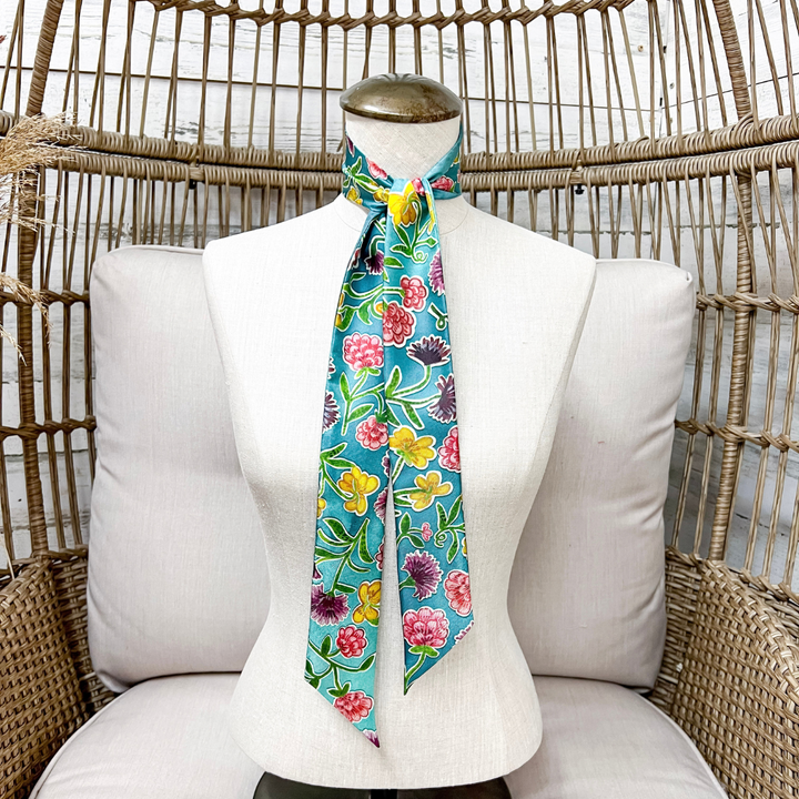 XOXO Art &amp; Co | Teal Tapestry Floral Print Reversible Twilly Scarf in Teal Blue
