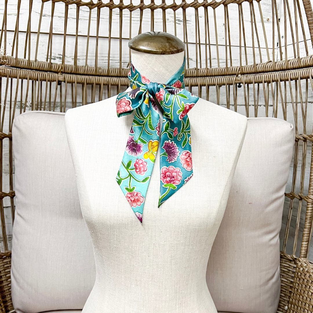XOXO Art &amp; Co | Teal Tapestry Floral Print Reversible Twilly Scarf in Teal Blue