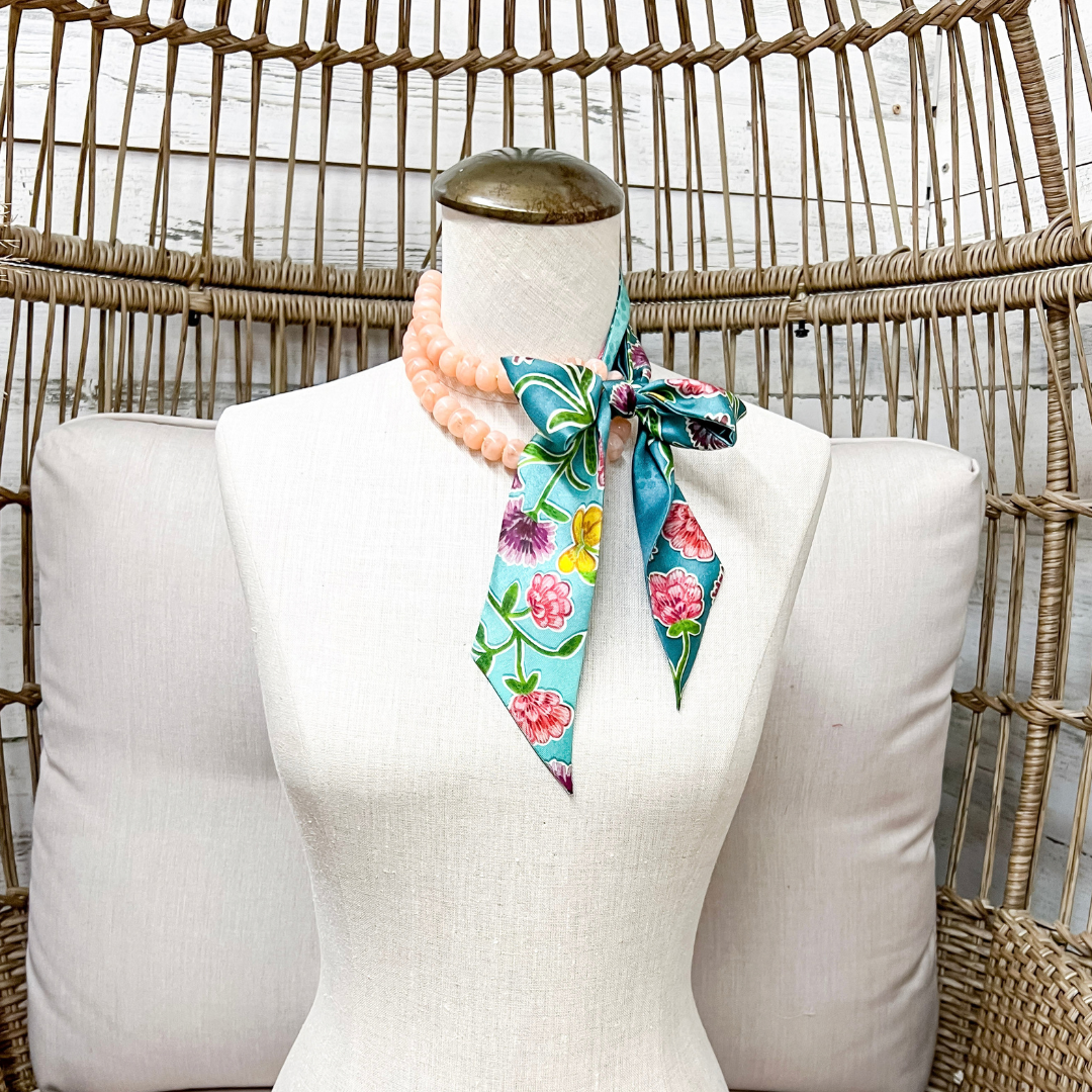 XOXO Art &amp; Co | Teal Tapestry Floral Print Reversible Twilly Scarf in Teal Blue