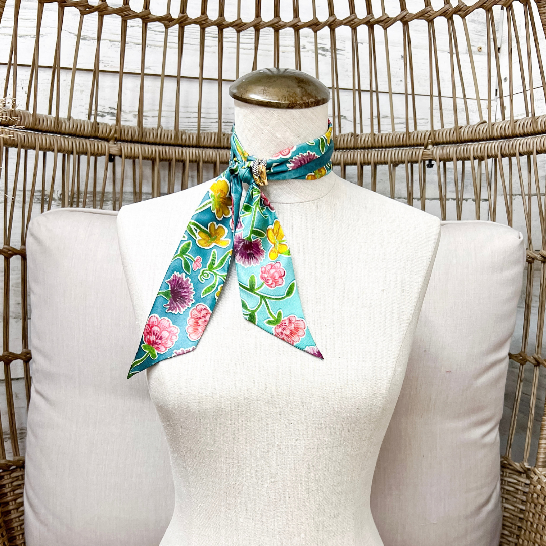 XOXO Art &amp; Co | Teal Tapestry Floral Print Reversible Twilly Scarf in Teal Blue