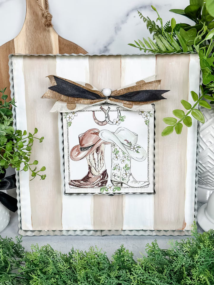 The Round Top Collection | Gallery Art Display Board with Metal Trim in Cream and White Stripe
