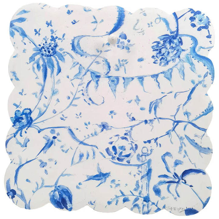 Blue chinoiserie scalloped metal display board by The Round Top Collection, designed for interchangeable magnets and seasonal décor.