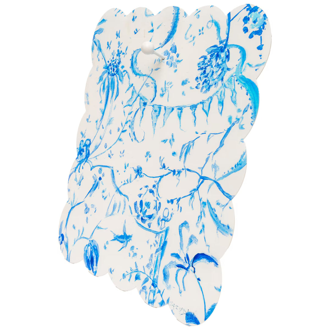 Blue chinoiserie scalloped metal display board by The Round Top Collection, designed for interchangeable magnets and seasonal décor.