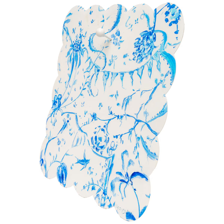 Blue chinoiserie scalloped metal display board by The Round Top Collection, designed for interchangeable magnets and seasonal décor.