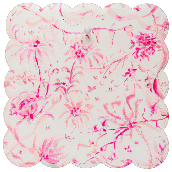 Pink chinoiserie scalloped metal display board by The Round Top Collection, designed for interchangeable magnets and seasonal décor.