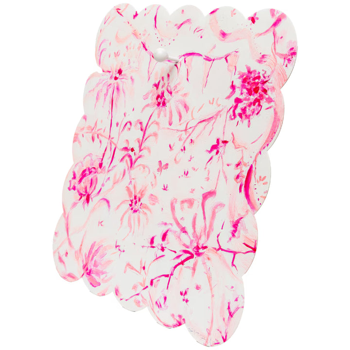 Pink chinoiserie scalloped metal display board by The Round Top Collection, designed for interchangeable magnets and seasonal décor.