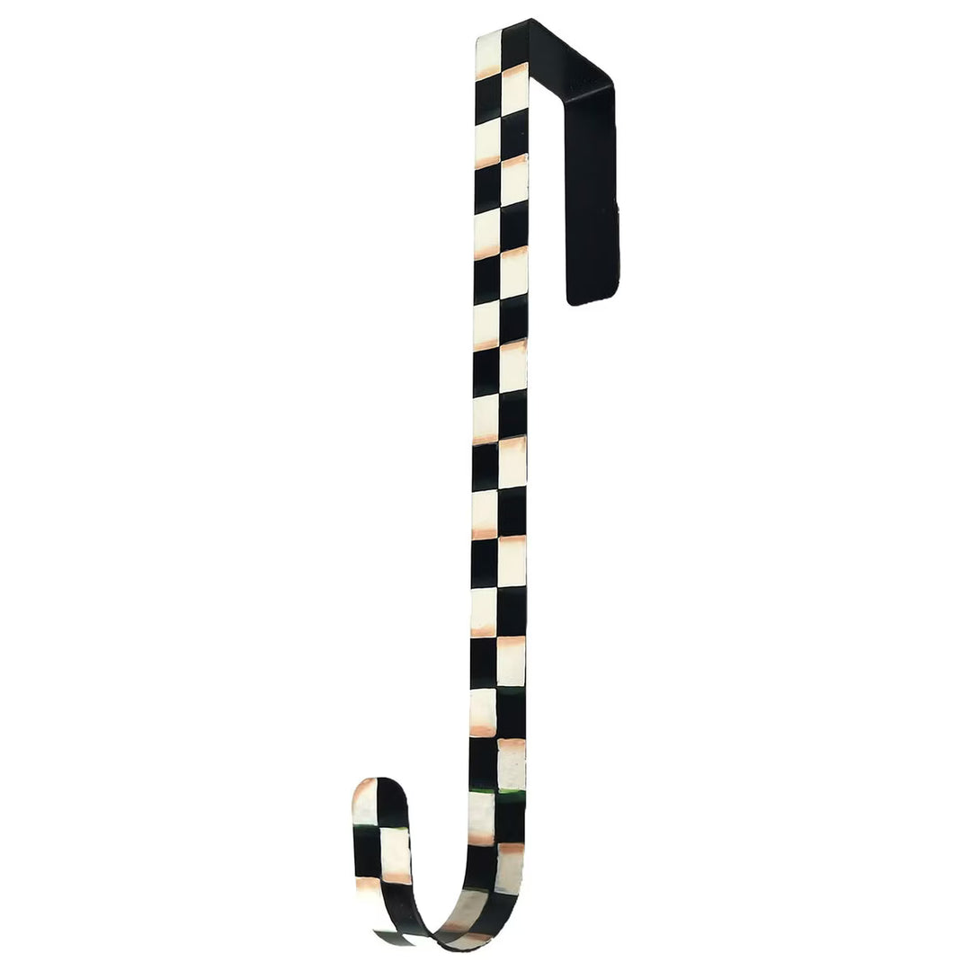 Black and white check wreath door hanger by The Round Top Collection with decorative checkerboard pattern and curved wreath hook.