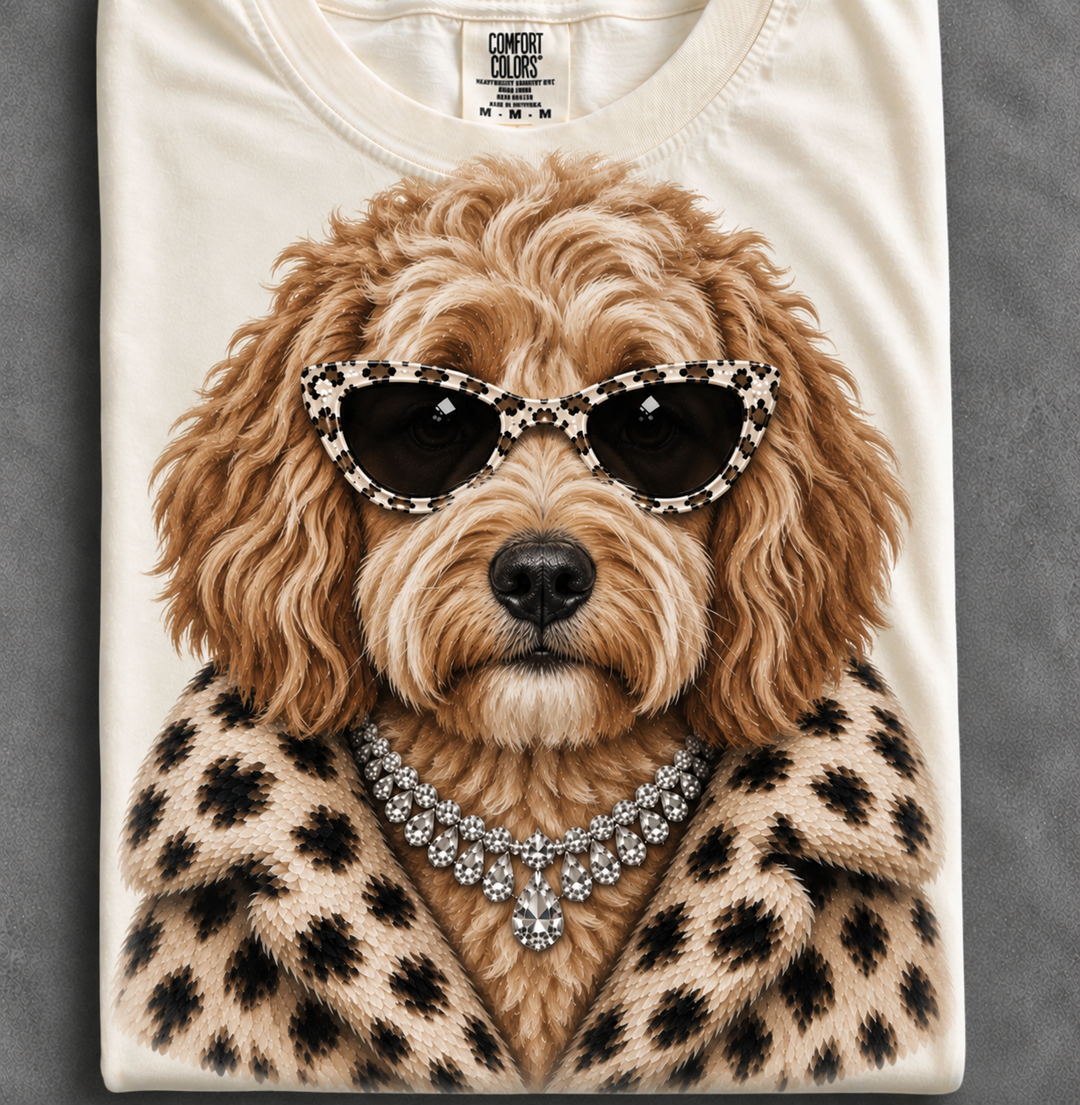 Custom Made to Order | Fur Coat Energy Doodle Faux Jewelry Printed Graphic Design Tee or Sweatshirt in Multiple Printing Options on Ivory